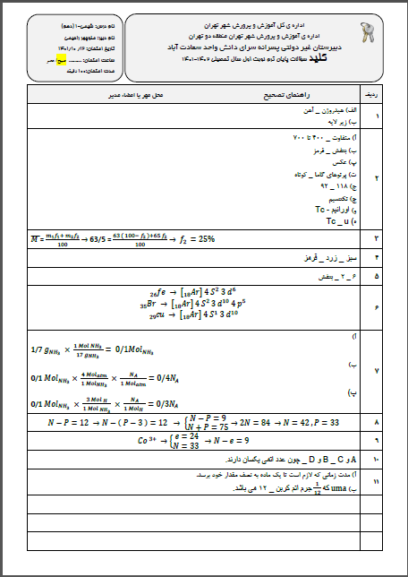 کلید امتحان شیمی1 امتحان ترم اول دی ماه 1401 واحد سعادت آباد