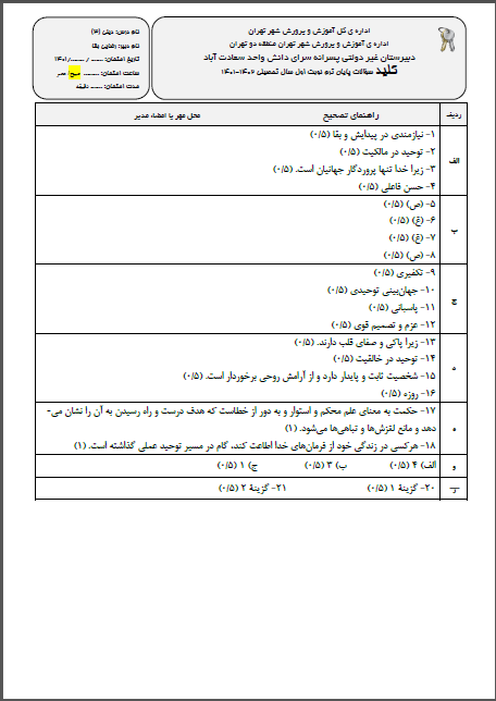 کلید امتحان ترم اول دین و زندگی(3) دی ماه 1401 واحد سعادت آباد