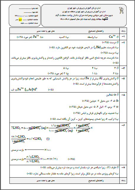 کلید امتحان شیمی2 ترم اول دی ماه 1401 واحد سعادت آباد