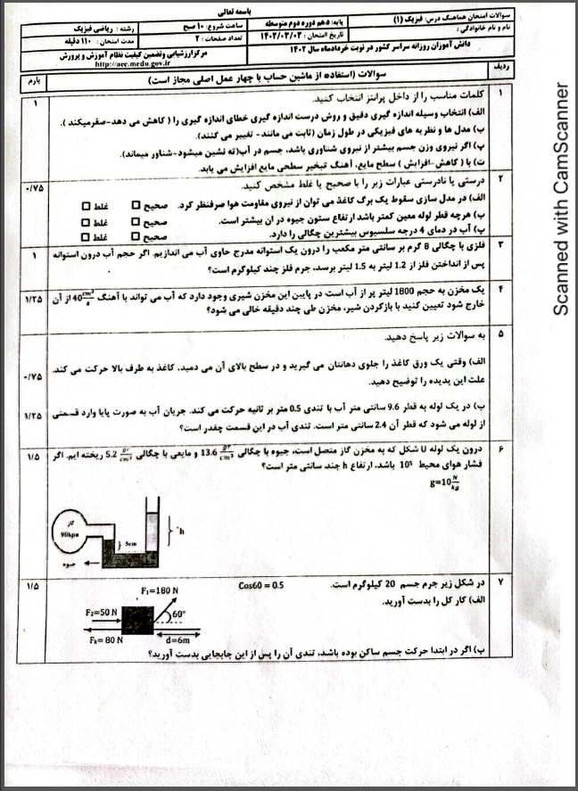 سوال و کلید امتحان امتحان فیزیک دهم ریاضی خرداد ماه 1402